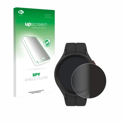 Face avant d’un emballage produit avec le logo de la marque upscreen. À côté, l’appareil Samsung Galaxy Watch 5 Pro est représ