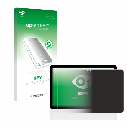 Face avant d’un emballage produit avec le logo de la marque upscreen. À côté, l’appareil Google Pixel Tablet est représenté av