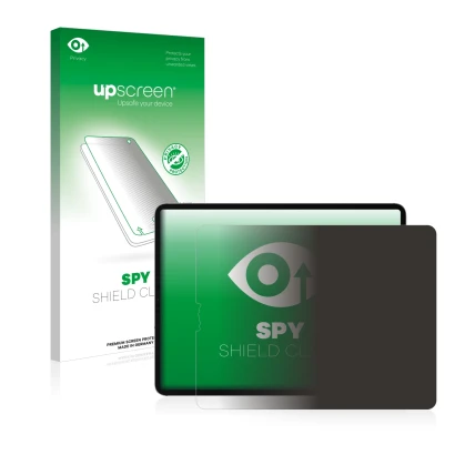 Face avant d’un emballage produit avec le logo de la marque upscreen. À côté, l’appareil Apple iPad Pro 12.9" 2022 (en paysage