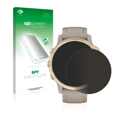 Face avant d’un emballage produit avec le logo de la marque upscreen. À côté, l’appareil Garmin Fenix 6S Pro Solar est représe