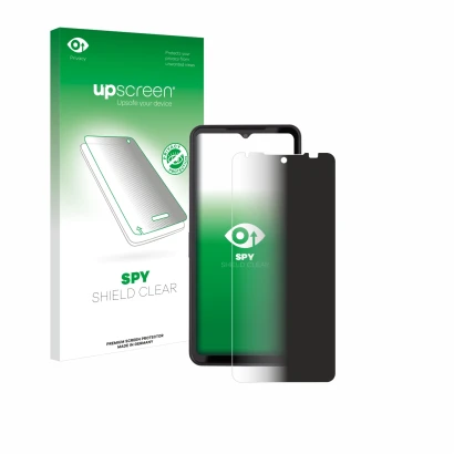 Face avant d’un emballage produit avec le logo de la marque upscreen. À côté, l’appareil Caterpillar Cat S75 est représenté av