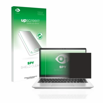 Face avant d’un emballage produit avec le logo de la marque upscreen. À côté, l’appareil HP EliteBook 640 G9 est représenté av