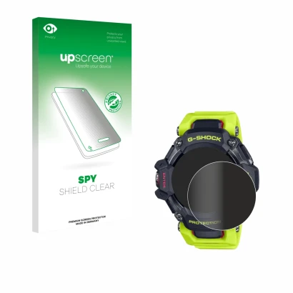Face avant d’un emballage produit avec le logo de la marque upscreen. À côté, l’appareil Casio G-Shock GBD-H2000 est représent