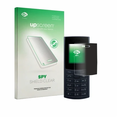 Face avant d’un emballage produit avec le logo de la marque upscreen. À côté, l’appareil Nokia 110 4G (2023) est représenté av