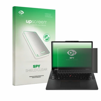 Face avant d’un emballage produit avec le logo de la marque upscreen. À côté, l’appareil Lenovo ThinkPad X13 Gen 4 est représe