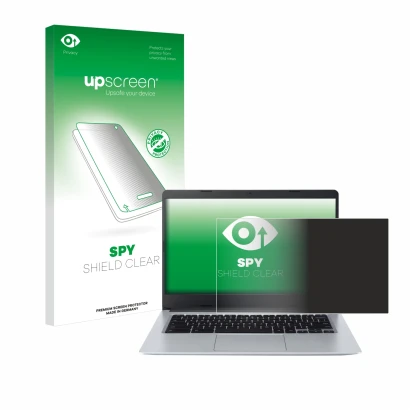 Face avant d’un emballage produit avec le logo de la marque upscreen. À côté, l’appareil Acer Chromebook Spin 314 CB314-2HT es