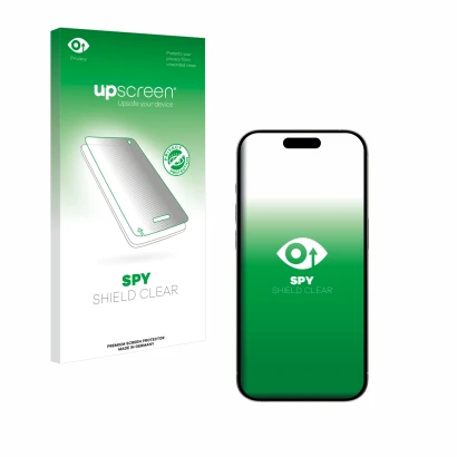Face avant d’un emballage produit avec le logo de la marque upscreen. À côté, l’appareil Apple iPhone 15 est représenté avec l