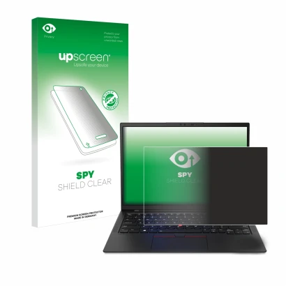 Face avant d’un emballage produit avec le logo de la marque upscreen. À côté, l’appareil Lenovo ThinkPad X1 Carbon 14