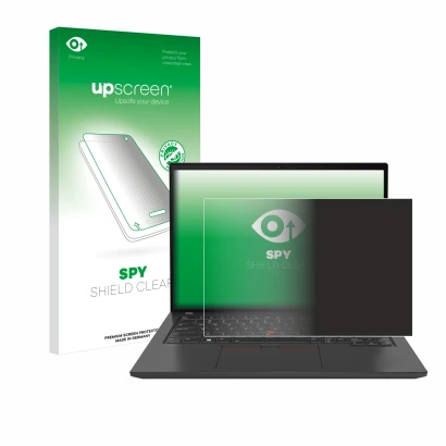 Face avant d’un emballage produit avec le logo de la marque upscreen. À côté, l’appareil Lenovo ThinkPad T16 Gen 3 est représe