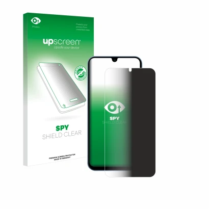 Face avant d’un emballage produit avec le logo de la marque upscreen. À côté, l’appareil Samsung Galaxy A15 est représenté ave