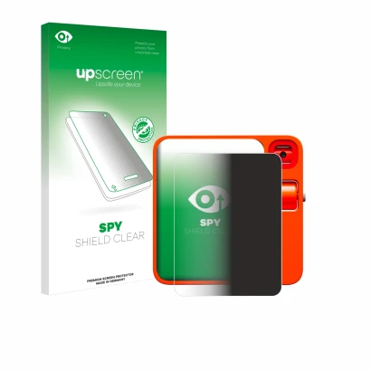 Face avant d’un emballage produit avec le logo de la marque upscreen. À côté, l’appareil rabbit r1 est représenté avec la prot