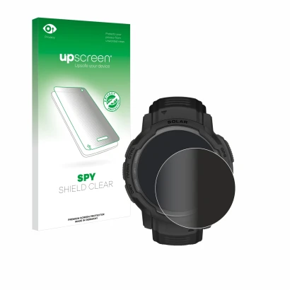 Face avant d’un emballage produit avec le logo de la marque upscreen. À côté, l’appareil Garmin Instinct Crossover AMOLED est 