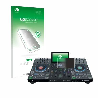 Face avant d’un emballage produit avec le logo de la marque upscreen. À côté, l’appareil Denon DJ Prime 4+ est représenté avec