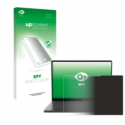 Face avant d’un emballage produit avec le logo de la marque upscreen. À côté, l’appareil ASUS ROG Zephyrus G16 2024 est représ