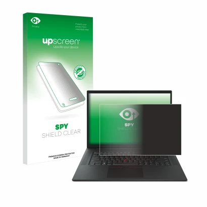 Face avant d’un emballage produit avec le logo de la marque upscreen. À côté, l’appareil Lenovo ThinkPad P1 Gen 6 16" est repr