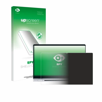 Face avant d’un emballage produit avec le logo de la marque upscreen. À côté, l’appareil Samsung Galaxy Book4 360 15.6" est re