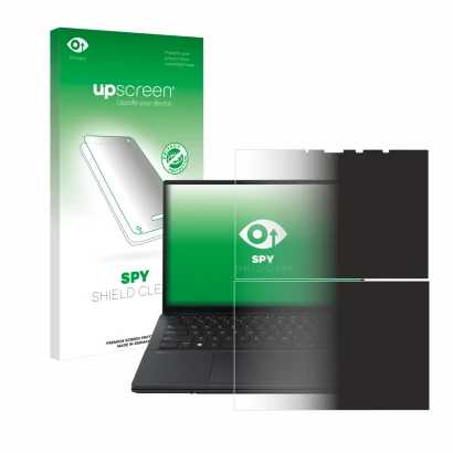 Face avant d’un emballage produit avec le logo de la marque upscreen. À côté, l’appareil ASUS ZenBook Duo OLED 2024 UX8406 est