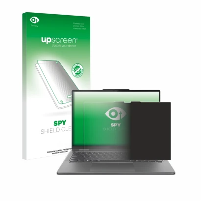 Face avant d’un emballage produit avec le logo de la marque upscreen. À côté, l’appareil Lenovo Yoga 7 2-in-1 Gen 9 14