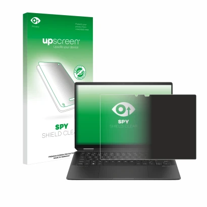 Face avant d’un emballage produit avec le logo de la marque upscreen. À côté, l’appareil HP Spectre x360 (14-e) 2024 est repré