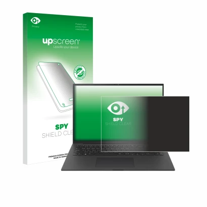 Face avant d’un emballage produit avec le logo de la marque upscreen. À côté, l’appareil LG gram Pro 17 2024 est représenté av