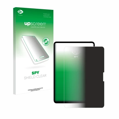 Face avant d’un emballage produit avec le logo de la marque upscreen. À côté, l’appareil Apple iPad Pro 13" 2024 est représent