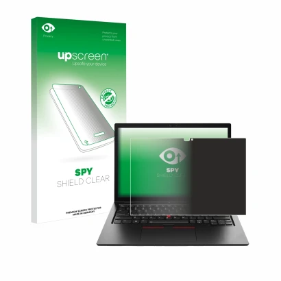 Face avant d’un emballage produit avec le logo de la marque upscreen. À côté, l’appareil Lenovo ThinkPad L13 2-in-1 Gen 5 est 