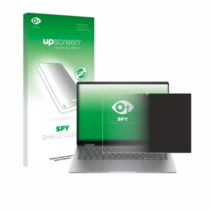 Face avant d’un emballage produit avec le logo de la marque upscreen. À côté, l’appareil HP Envy x360 14 2-in-1 est représenté