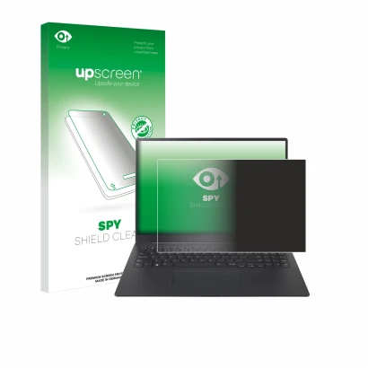 Face avant d’un emballage produit avec le logo de la marque upscreen. À côté, l’appareil LG gram Pro 16 2024 est représenté av