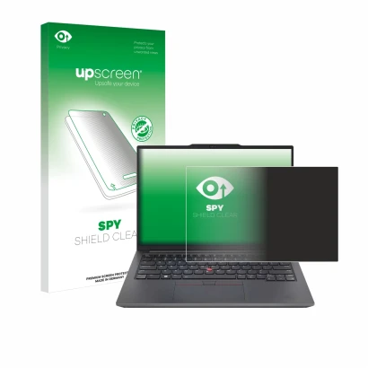 Face avant d’un emballage produit avec le logo de la marque upscreen. À côté, l’appareil Lenovo ThinkPad E14 Gen 6 est représe