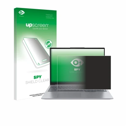 Face avant d’un emballage produit avec le logo de la marque upscreen. À côté, l’appareil Lenovo ThinkBook 16 Gen 7 est représe