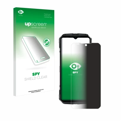 Face avant d’un emballage produit avec le logo de la marque upscreen. À côté, l’appareil Doogee S118 est représenté avec la pr