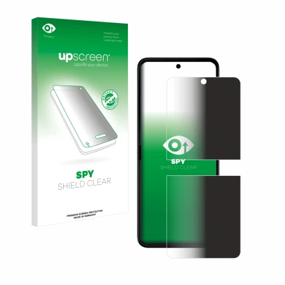 Face avant d’un emballage produit avec le logo de la marque upscreen. À côté, l’appareil Motorola Razr 50 Ultra est représenté