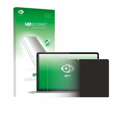 Face avant d’un emballage produit avec le logo de la marque upscreen. À côté, l’appareil Lenovo Tab Plus est représenté avec l