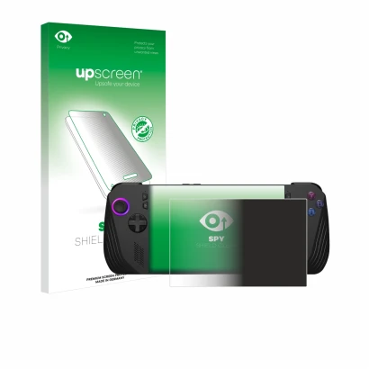 Face avant d’un emballage produit avec le logo de la marque upscreen. À côté, l’appareil ASUS ROG Ally X (2024) est représenté