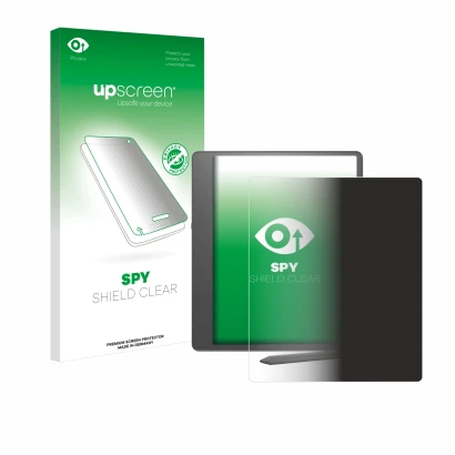 Face avant d’un emballage produit avec le logo de la marque upscreen. À côté, l’appareil Amazon Kindle Scribe 2024 est représe