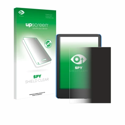 Face avant d’un emballage produit avec le logo de la marque upscreen. À côté, l’appareil Amazon Kindle Kids (2024) est représe