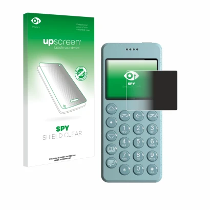 Face avant d’un emballage produit avec le logo de la marque upscreen. À côté, l’appareil Punkt MP02 est représenté avec la pro