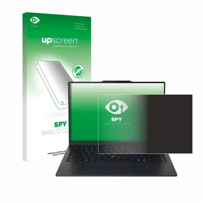 Face avant d’un emballage produit avec le logo de la marque upscreen. À côté, l’appareil Lenovo ThinkPad X1 Carbon Gen 13 14"