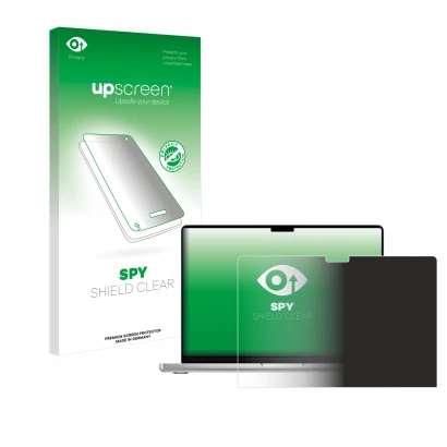 Face avant d’un emballage produit avec le logo de la marque upscreen. À côté, l’appareil Apple MacBook Pro 14" M4 2024 est rep