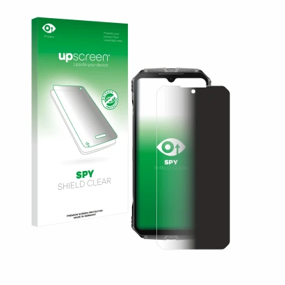 Face avant d’un emballage produit avec le logo de la marque upscreen. À côté, l’appareil Doogee S Cyber est représenté avec la