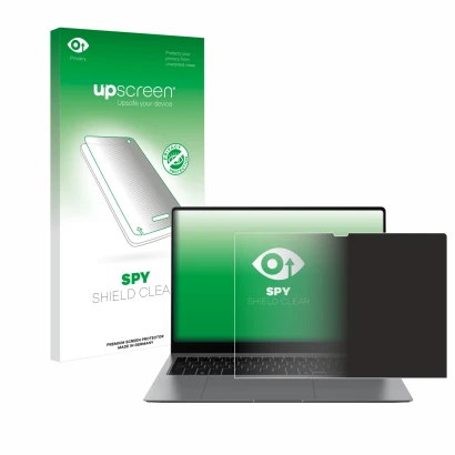 Face avant d’un emballage produit avec le logo de la marque upscreen. À côté, l’appareil Samsung Galaxy Book5 Pro 14