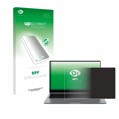 Face avant d’un emballage produit avec le logo de la marque upscreen. À côté, l’appareil Samsung Galaxy Book5 360 15.6" est re