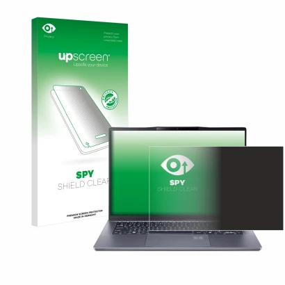 Face avant d’un emballage produit avec le logo de la marque upscreen. À côté, l’appareil Acer Swift Go 14 AI est représenté av