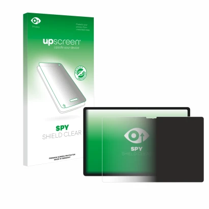 Face avant d’un emballage produit avec le logo de la marque upscreen. À côté, l’appareil Lenovo Yoga Tab 2025 est représenté a