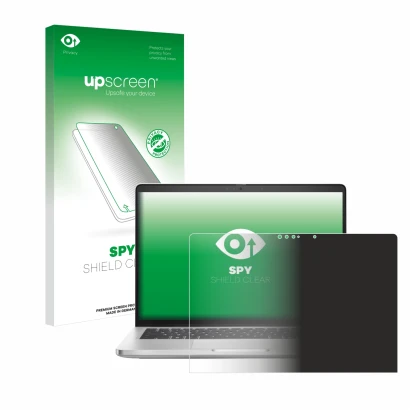 Face avant d’un emballage produit avec le logo de la marque upscreen. À côté, l’appareil Dell Pro 14 Plus 2-in-1 PB14250 est r