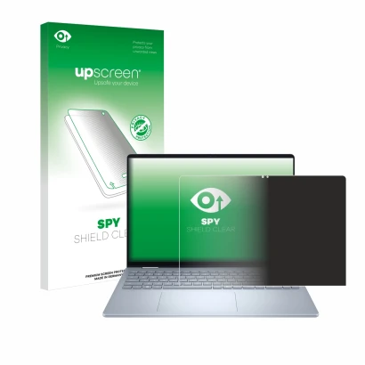 Face avant d’un emballage produit avec le logo de la marque upscreen. À côté, l’appareil Dell 16 Plus-2-in-1 est représenté av