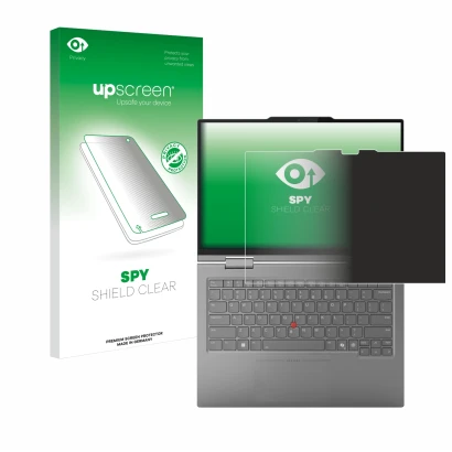 Face avant d’un emballage produit avec le logo de la marque upscreen. À côté, l’appareil Lenovo ThinkPad X1 2-in-1 Gen 10 14" 