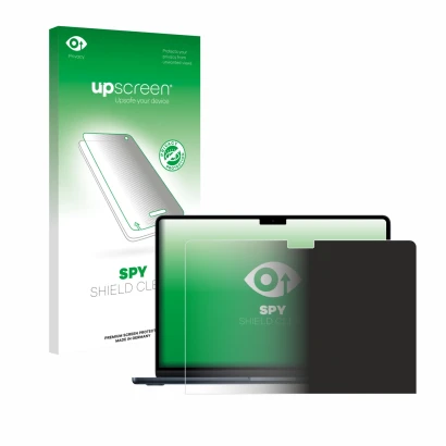 Face avant d’un emballage produit avec le logo de la marque upscreen. À côté, l’appareil Apple MacBook Air 13" M4 2025 est rep