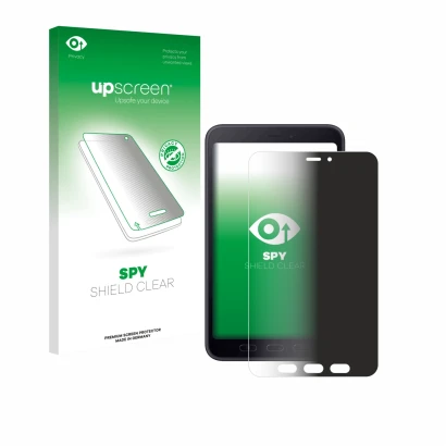 Face avant d’un emballage produit avec le logo de la marque upscreen. À côté, l’appareil Samsung galaxy Tab Active 5 5G Enterp