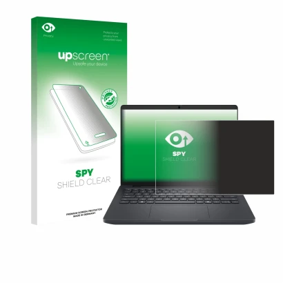 Face avant d’un emballage produit avec le logo de la marque upscreen. À côté, l’appareil Dell Pro Max 14 est représenté avec l